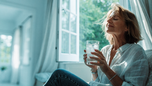 Woman in her 50s cooling off and finding relief from a hot flash at home near an open window with a glass of iced water