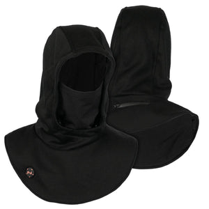 Black heated balaclava hood with integrated face mask and power button