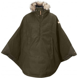 Fjallraven dark olive green hooded poncho with faux fur trim