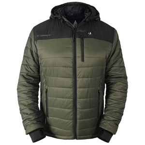 ActionHeat olive green and black hooded puffer jacket with front zipper and chest pocket