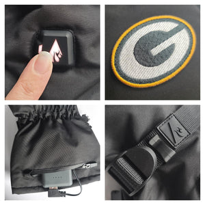 Green Bay Packers heated glove details showing power button battery pack and team logo patch