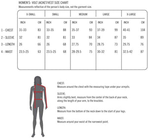Volt Heat womens jacket and vest size chart with body measurement instructions