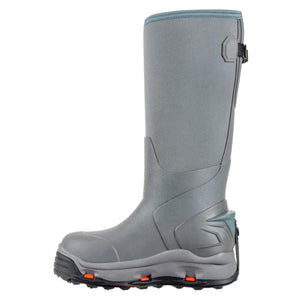 Korkers grey tall waterproof rubber boot with side adjustment strap and orange sole accents