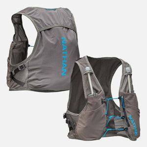 Nathan grey hydration vest with front and back views showing mesh fabric and water flasks