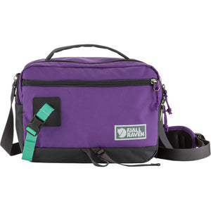 FjallRaven purple and black shoulder bag with teal strap detail