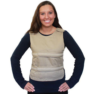 Woman wearing a tan weighted vest over a long sleeve black shirt