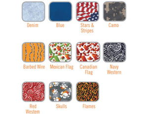 Chill-Its pattern swatches including denim blue stars and stripes camo barbed wire flags western skulls and flames
