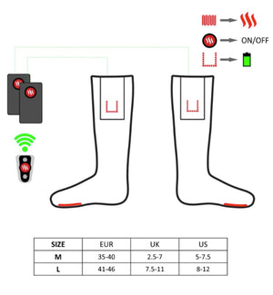Glovii heated socks technical diagram showing remote control battery and size chart