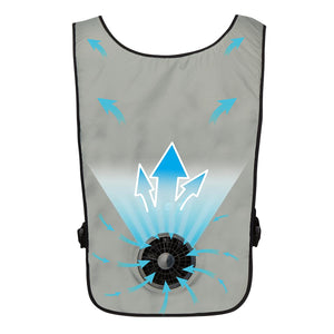 Grey cooling vest with integrated fan and airflow direction arrows