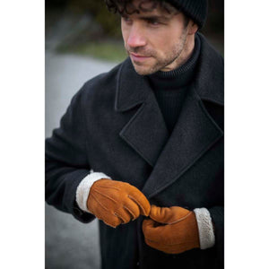 Man wearing Hestra tan suede gloves with white shearling lining and a dark wool coat