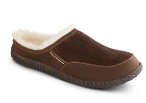 Acorn brown suede slipper with white fleece lining and textured rubber sole