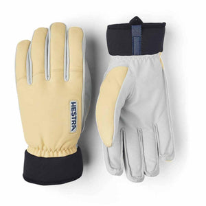 Hestra yellow and grey leather gloves with black cuffs