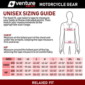 Venture Heat unisex motorcycle gear sizing guide chart with chest and hip measurement instructions