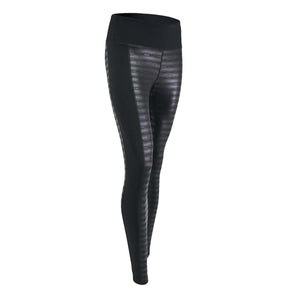 Seirus black leggings with horizontal striped pattern and solid black side panels