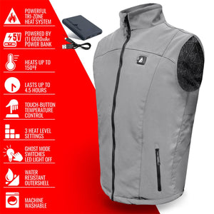 ActionHeat grey heated vest with power bank and feature list