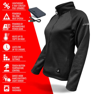 ActionHeat black heated fleece pullover with power bank and feature list