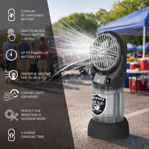 Alpha Cool Raiders branded portable misting fan with feature list icons