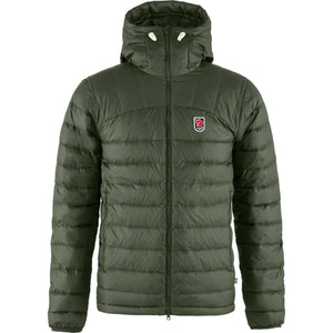 FjallRaven olive green hooded down jacket with front zipper and logo patch