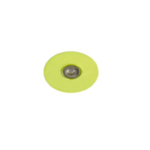 Round yellow plastic disc with a central metal snap fastener