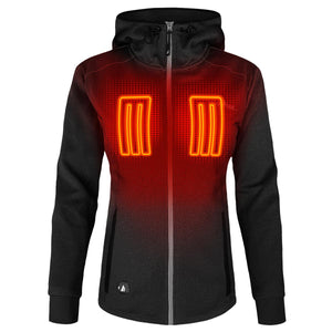 ActionHeat women's black hooded heated jacket with glowing orange chest heating elements