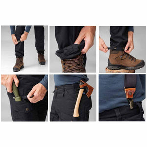 Fjallraven Vidda Pro trousers showing adjustable leg cuffs, knife pocket, axe holder, and suspender attachments