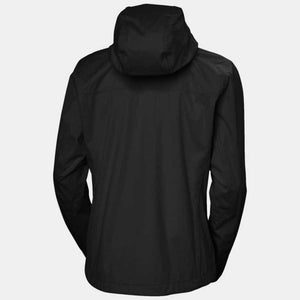 Back view of a black Helly Hansen hooded rain jacket