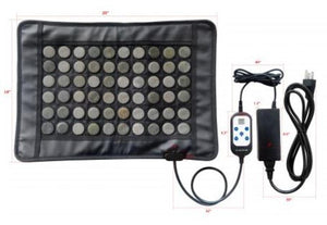 Infrared heating pad with stone discs and digital controller showing dimensions