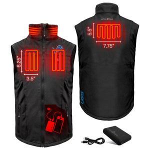ActionHeat vest showing heating element locations with dimensions and battery pack