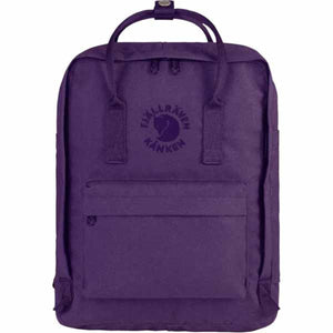 Purple FjallRaven Kanken backpack with front pocket and top handles