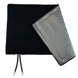 Black heating pad with silver textured interior and two power cords