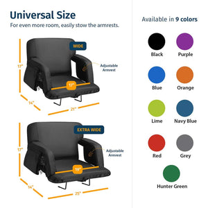 Diagram showing stadium seat dimensions with adjustable armrests and nine available color options