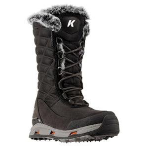 Korkers black waterproof winter boot with faux fur trim and lace up closure