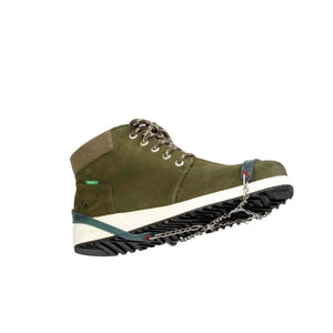 Olive green suede boot with attached metal ice traction cleats on the sole