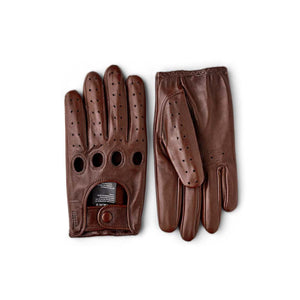 Hestra brown leather driving gloves with knuckle cutouts and perforated fingers