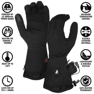 Black heated gloves with power bank and feature icons
