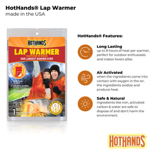 Hothands lap warmer packaging with features list including long lasting heat air activation and natural ingredients