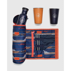 Blue water bottle with two cups and a mountain print roll up utensil case