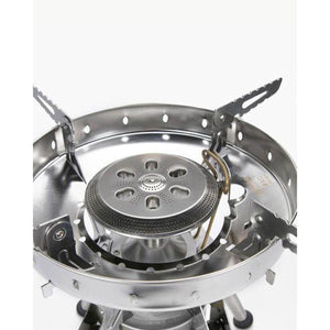 Stainless steel portable camping stove burner with serrated pot supports