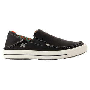 Korkers black canvas slip on shoe with white rubber sole and patterned interior lining