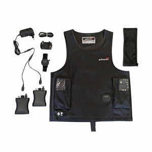 Glovii heated vest with battery packs, charger, remote control, and accessories on white background