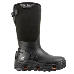 Korkers black waterproof rubber boot with side buckle and orange sole accents