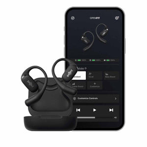 Shokz OpenFit earbuds and charging case with smartphone app interface showing sound modes