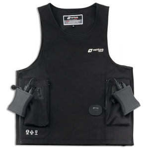 Venture Heat black heated diving undersuit vest with two battery packs in front pockets