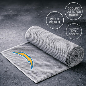 Los Angeles Chargers cooling towel with text overlays explaining wet and wear cooling benefits