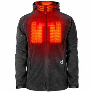Gerbing heated fleece jacket with glowing red heating elements on chest and collar