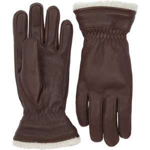 Hestra brown leather gloves with white fleece lining