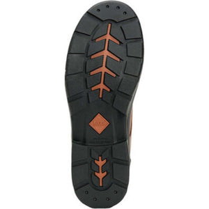 Black and orange Muck boot tread pattern on the sole