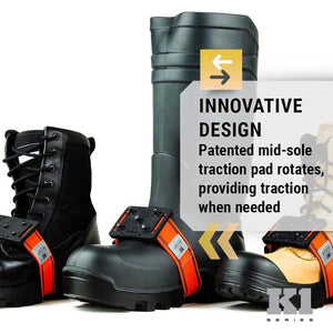 K1 Series traction cleats attached to various work boots showing rotating mid-sole pad design