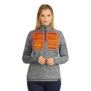 Woman wearing a Venture Heat grey heather quarter zip pullover with glowing orange heating elements on the chest