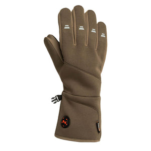 Mobile Warming brown heated glove with reflective finger accents and power button on wrist